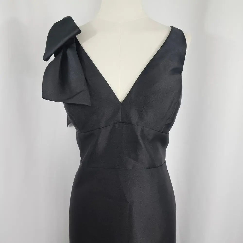 Alfred Sung Black Satin Shoulder Bow Trumpet Formal Dress Women's Size 16R NWT - Picture 3 of 16